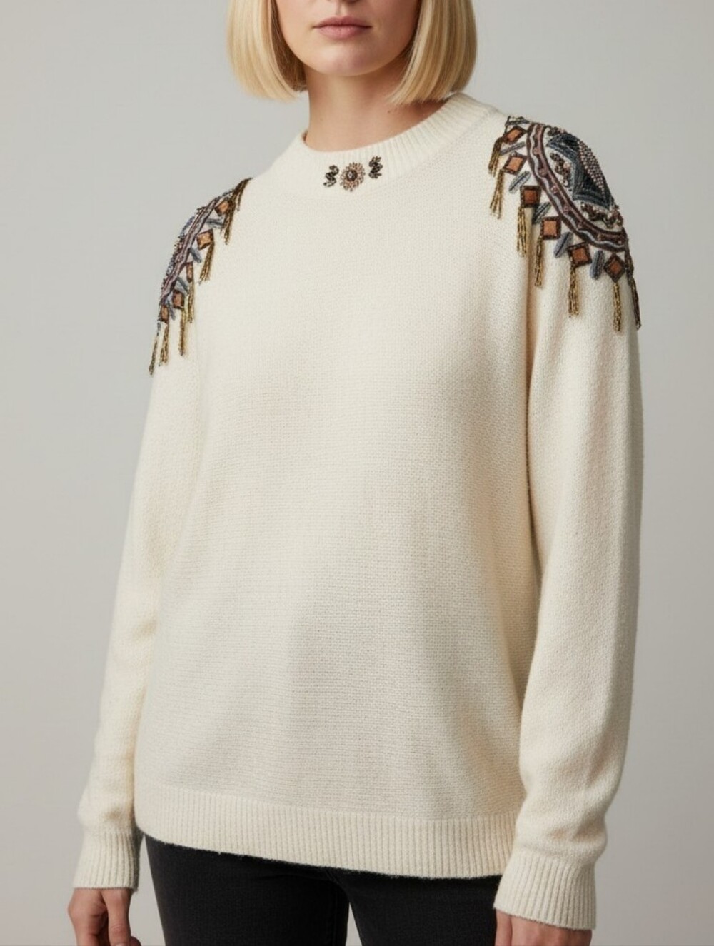 Cream Embellished Women’s Sweater With Decorative Shoulder Details